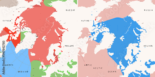 A stylized map depicting regions with different color schemes and text labels