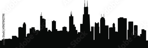 Chicago city skyline silhouette featuring iconic skyscrapers and downtown buildings architecture profile isolated on white background for urban travel concept