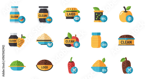 Healthy Food Icons: Fruits, Vegetables, Grains, and Clean Eating Symbols