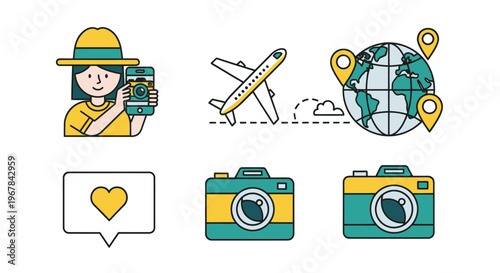 Travel blogger with camera, airplane, globe, and heart icon - flat illustration