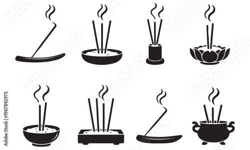 Incense Stick Icons Set Collection, Aromatherapy and Religious Fragrance Symbols Black Silhouette Vector Illustration
