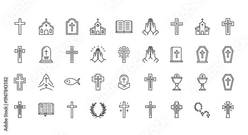 Collection of religious symbols including crosses churches and prayer hands