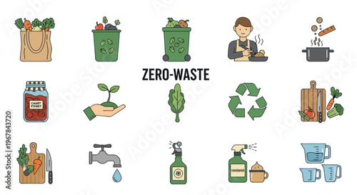 Zero Waste Lifestyle Icons: Sustainable Living, Recycling, Eco-Friendly Choices