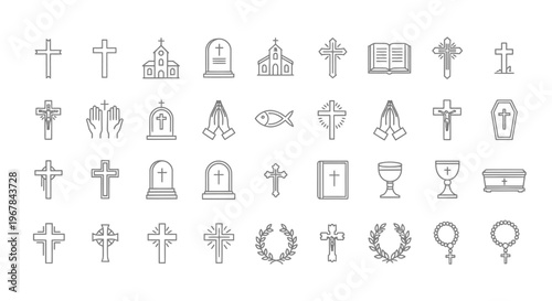 Collection of religious symbols and funeral related icons in line art