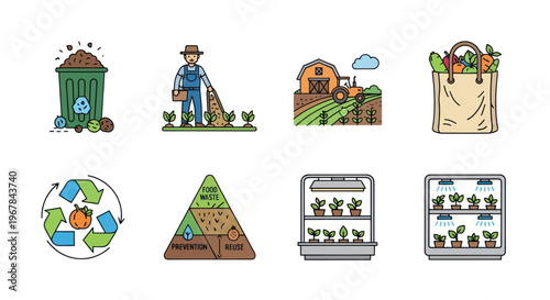 Sustainable Farming Icons: Composting, Farmer, Tractor, Produce Bag, Recycling, Growth Pyramid, Hydroponics