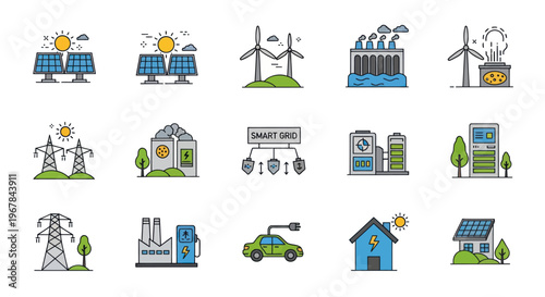 Renewable Energy Icons: Solar, Wind, EV Charging, Smart Grid, Power Plant, Energy Efficiency