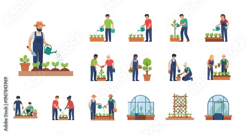 Gardening People Collection: Planting, Watering, Growing Plants, Greenhouse, Farming