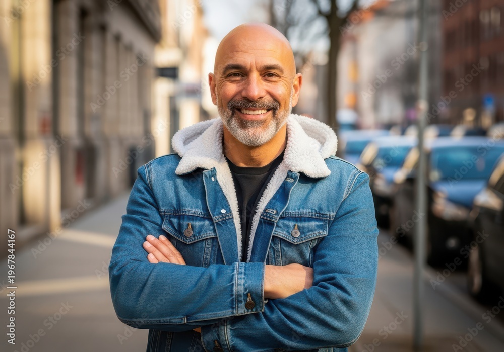 Obraz premium Happy mature man in denim jacket standing with arms crossed on urban street