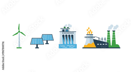 Renewable and Fossil Fuel Energy Sources: Wind, Solar, Hydro, and Power Plant