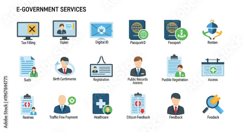E-Government Services Icons: Digital Citizen, Online Administration, Public Sector Technology