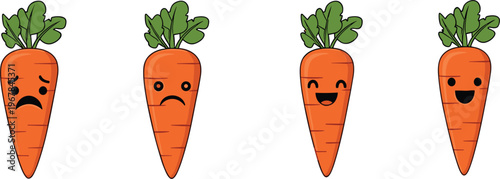Cute carrot characters flat vector set. Cartoon carrots with different facial expressions. Fun organic vegetable illustration for kids, emotions, and playful food design.