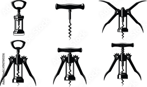 Corkscrew opener collection vector, wine bottle opener tools set, kitchen bar equipment icons, vintage and modern styles flat illustration