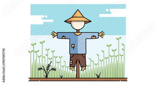 Flat Design Scarecrow in a Field with Sprouts and Blue Sky