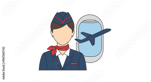 Flight attendant with airplane window and jet icon, travel concept