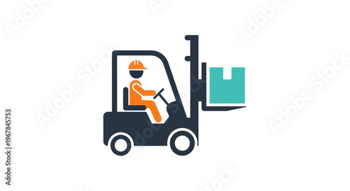 Forklift truck icon with driver moving a box, logistics and delivery concept