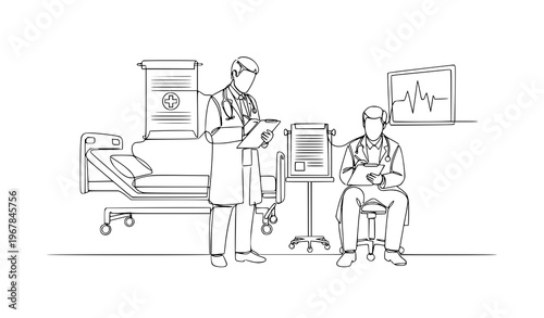 Continuous line doctors taking notes hospital medical teamwork vector illustration isolated on white background