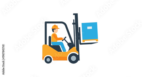 Forklift truck with driver lifting a box in a warehouse, flat design illustration