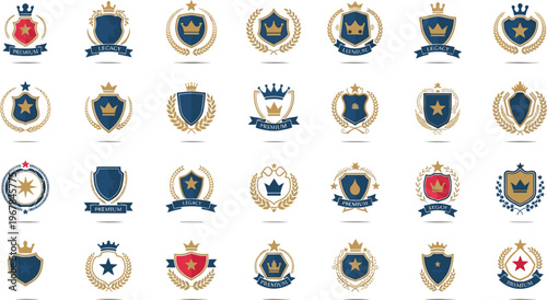 Luxury Heraldic Shield Badge Collection Featuring Crown, Laurel Wreath, Star Emblems and Premium Royal Crest Designs Elegant Vector Set