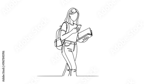 Continuous line student girl backpack mobile university education vector illustration isolated on white background