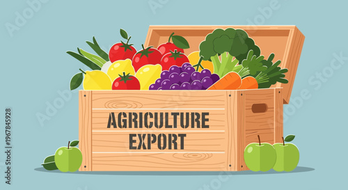 Fresh Produce Agriculture Export Wooden Crate Full Of Fruits And Vegetables