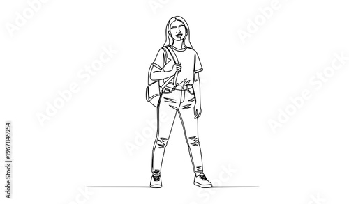 Continuous line college girl standing with backpack student vector illustration isolated on white background