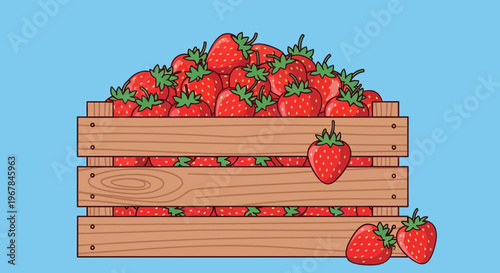 Fresh Strawberries Overflowing Wooden Crate, Ripe Red Berries, Summer Harvest