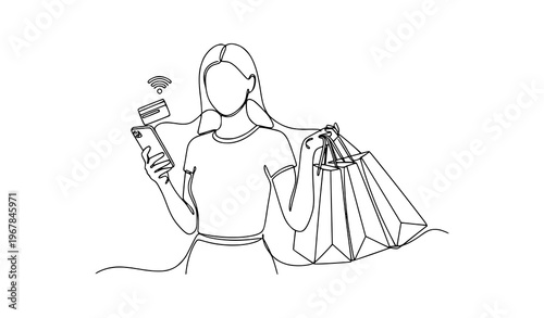 Minimal one line woman online shopping smartphone credit card vector illustration isolated on white background