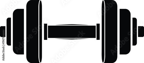 Dumbbell icon vector, gym fitness equipment symbol, strength training weight illustration, bodybuilding workout tool, black silhouette isolated flat design