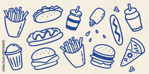 A collection of hand drawn fast food items in blue line art