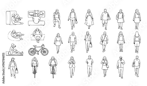 CAD people outline set top view walking running cycling vector illustration isolated on white background