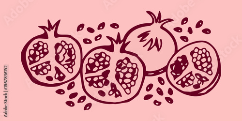 Hand drawn illustration of pomegranates and scattered seeds on pink background