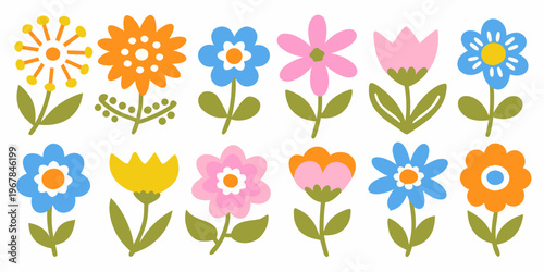 A collection of colorful stylized flowers arranged in two rows
