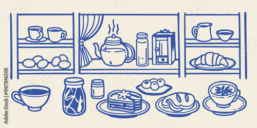 A blue line drawing depicts a kitchen shelf filled with breakfast items