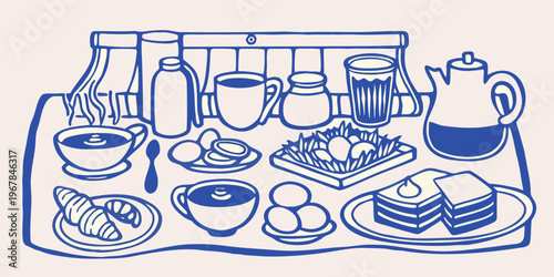 A blue line drawing depicting a breakfast tray with various foods