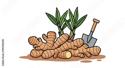 Ginger Roots Harvested with Sprout and Garden Shovel