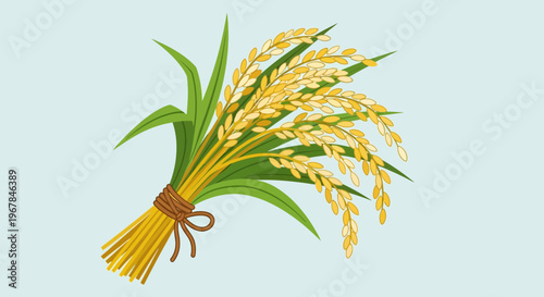 Golden Rice Stalks Bundle with Green Leaves Tied with Twine
