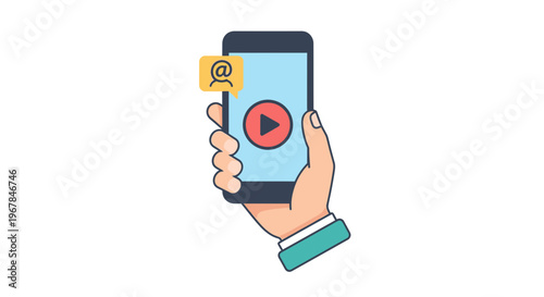 Hand holding smartphone with video play button and email icon, online communication concept