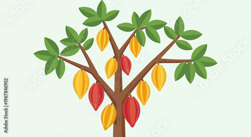 Illustration of a Cacao Tree with Ripe Yellow and Red Pods, Growing Beans