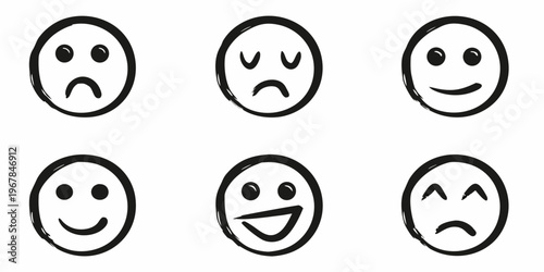 Six hand drawn faces depicting a range of simple human emotions