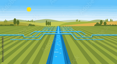 Irrigation System on Agricultural Field, Water Supply for Crops, Sunny Day