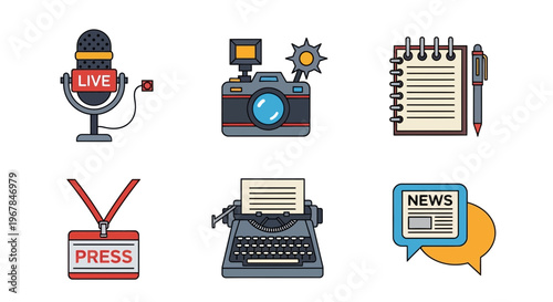 Journalism Icons: Microphone, Camera, Notebook, Press Pass, Typewriter, News