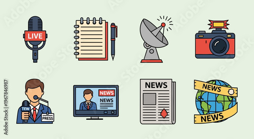 Journalism Icons: Microphone, Camera, Satellite, Monitor, Newspaper, Globe