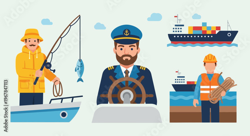 Maritime Professions: Fisherman, Captain, and Dockworker Illustration