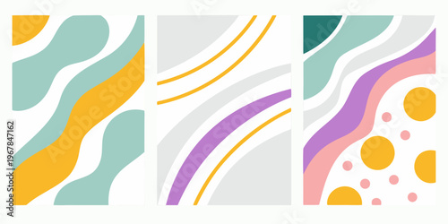 Abstract geometric patterns in pastel colors arranged in a triptych format