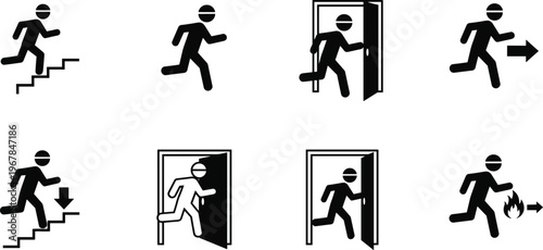 Emergency exit icons set vector, running man evacuation signs collection, safety escape symbols, fire exit directions, flat silhouette illustration design