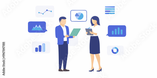 Business professionals discussing data analysis with graphical representations