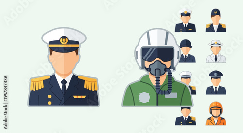 Military Uniforms Flat Icons: Navy Captain and Pilot