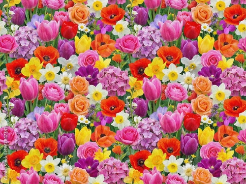 A vibrant, dense field of colorful spring flowers including tulips, roses, poppies, daffodils, and hydrangeas.