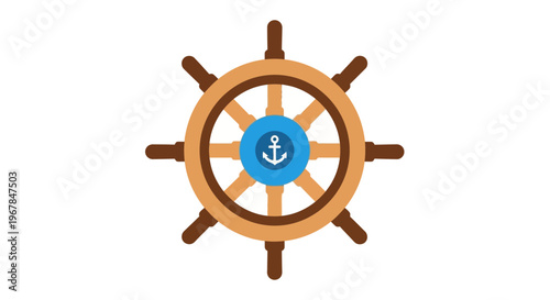 Nautical Ship Wheel with Anchor Icon on White Background