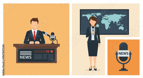 News Anchors Reporting Live - Male and Female Presenters with Microphone